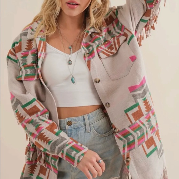 Colorful Fringe Jacket blue b Aztec - Picture 2 of 3